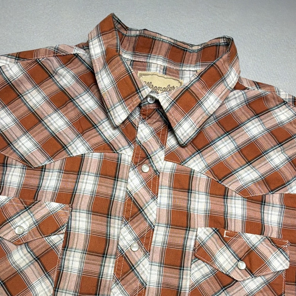 Wrangler Button Up Shirt Men 2XL Big & Tall Brown/White Plaid Western Cotton